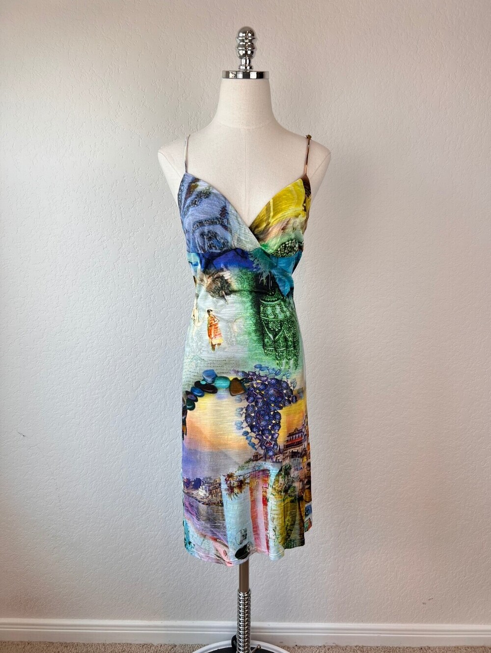 Vintage Y2K Multicolor Print Sleeveless Knee Length Dress Bodycon Boho Medium